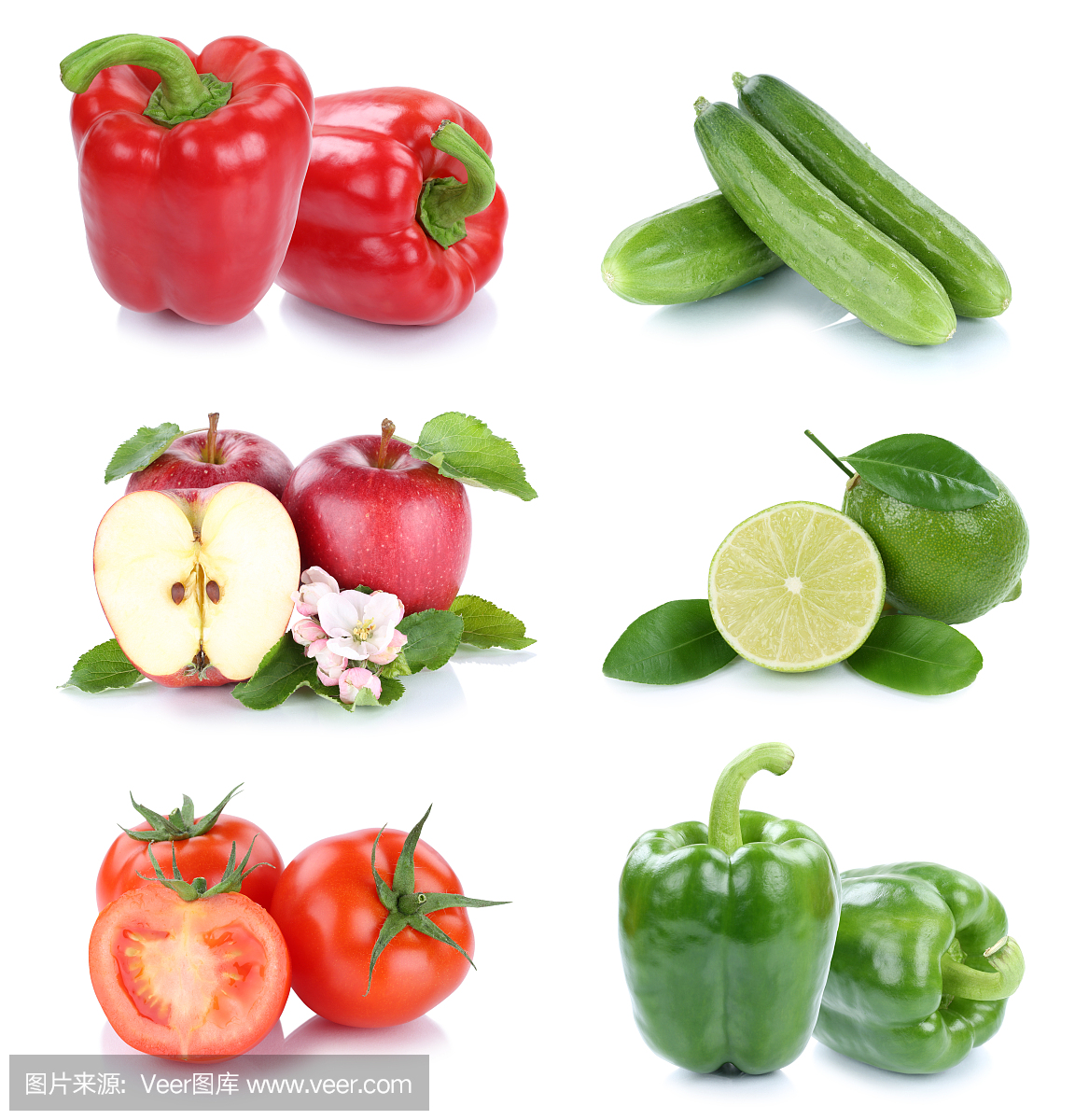 水果和蔬菜收集孤立的苹果,西红柿,甜椒颜色
