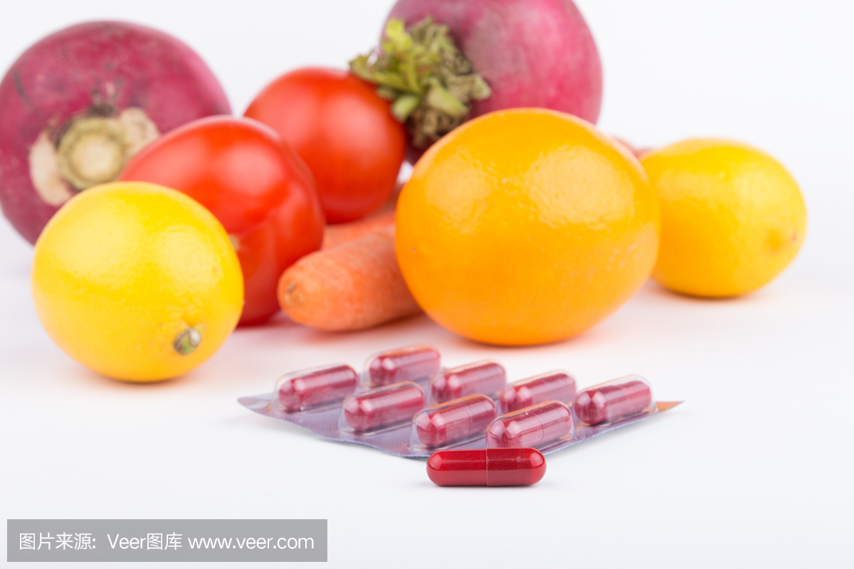 药片,水果和蔬菜